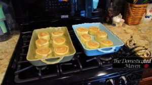 Sliced cinnamon rolls into baking dish