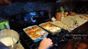 After baking, spoon icing over each cinnamon roll