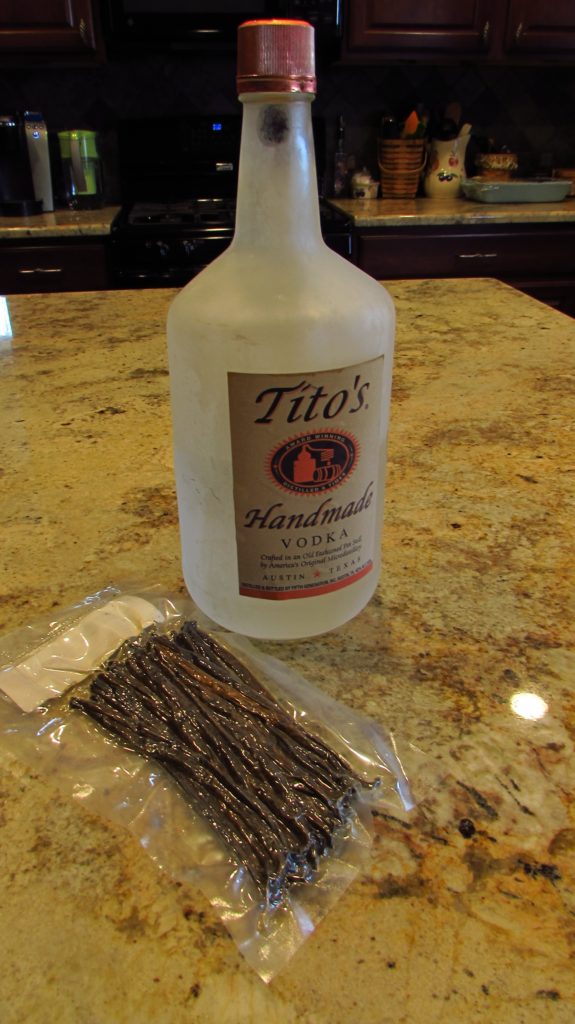 Ingredients for Vanilla Extract, Titos vodka, natural vanilla beans